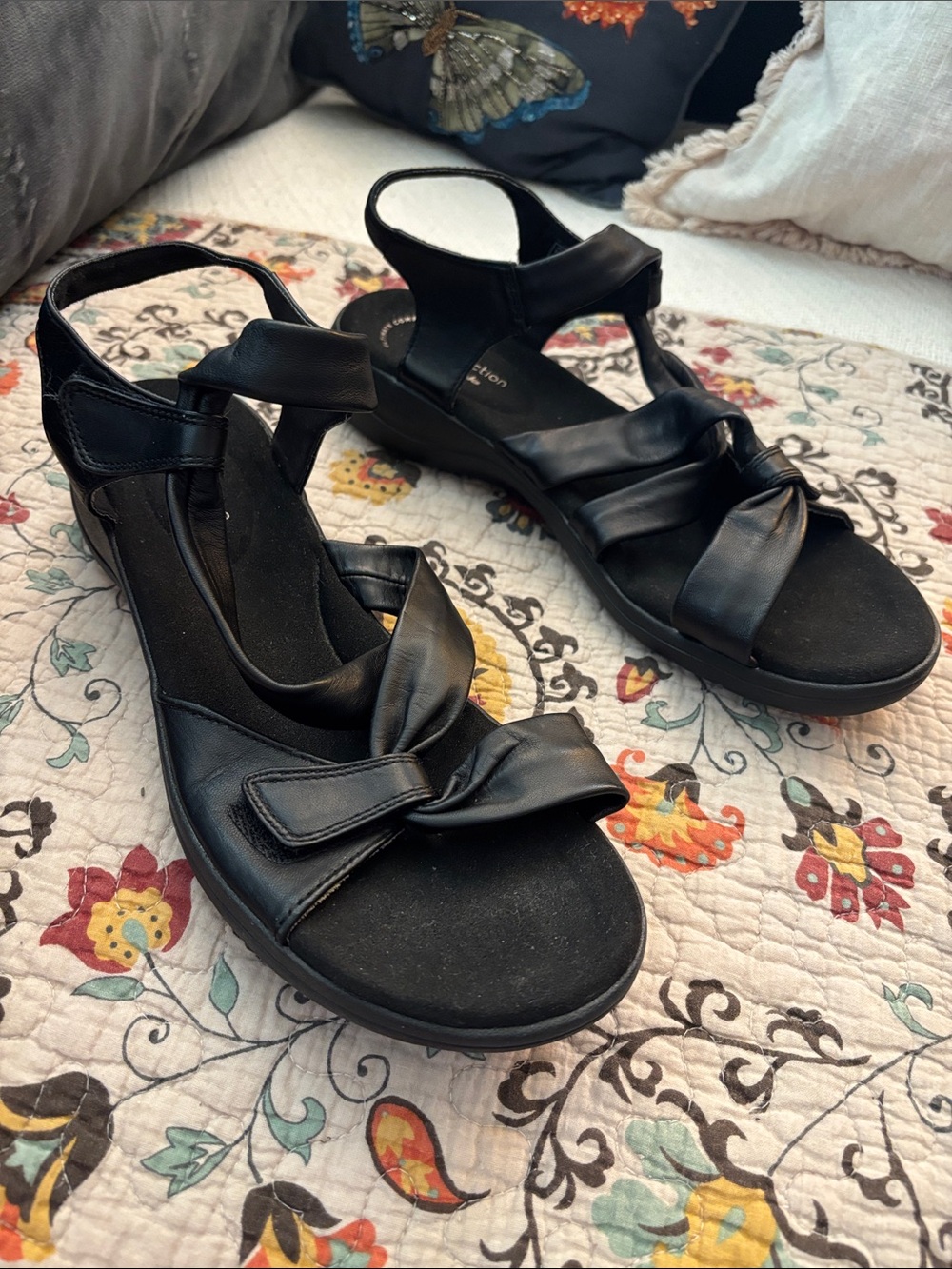 CLARKS Saylie Moon Leather Sandals Black Ortholite FootBed Size US 12 EU 44